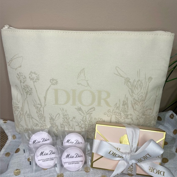 Dior Beauty Cream Floral Cosmetics Pouch and Gift Boxed set of 4 Dior Bath Bombs - Picture 1 of 3
